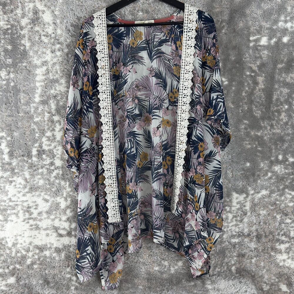 Rewind Size L Floral Tropical Open Front Cardigan Sweater Artsy Semi Sheer